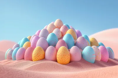 Pyramid Of Pastel Speckled Easter Eggs On Sand