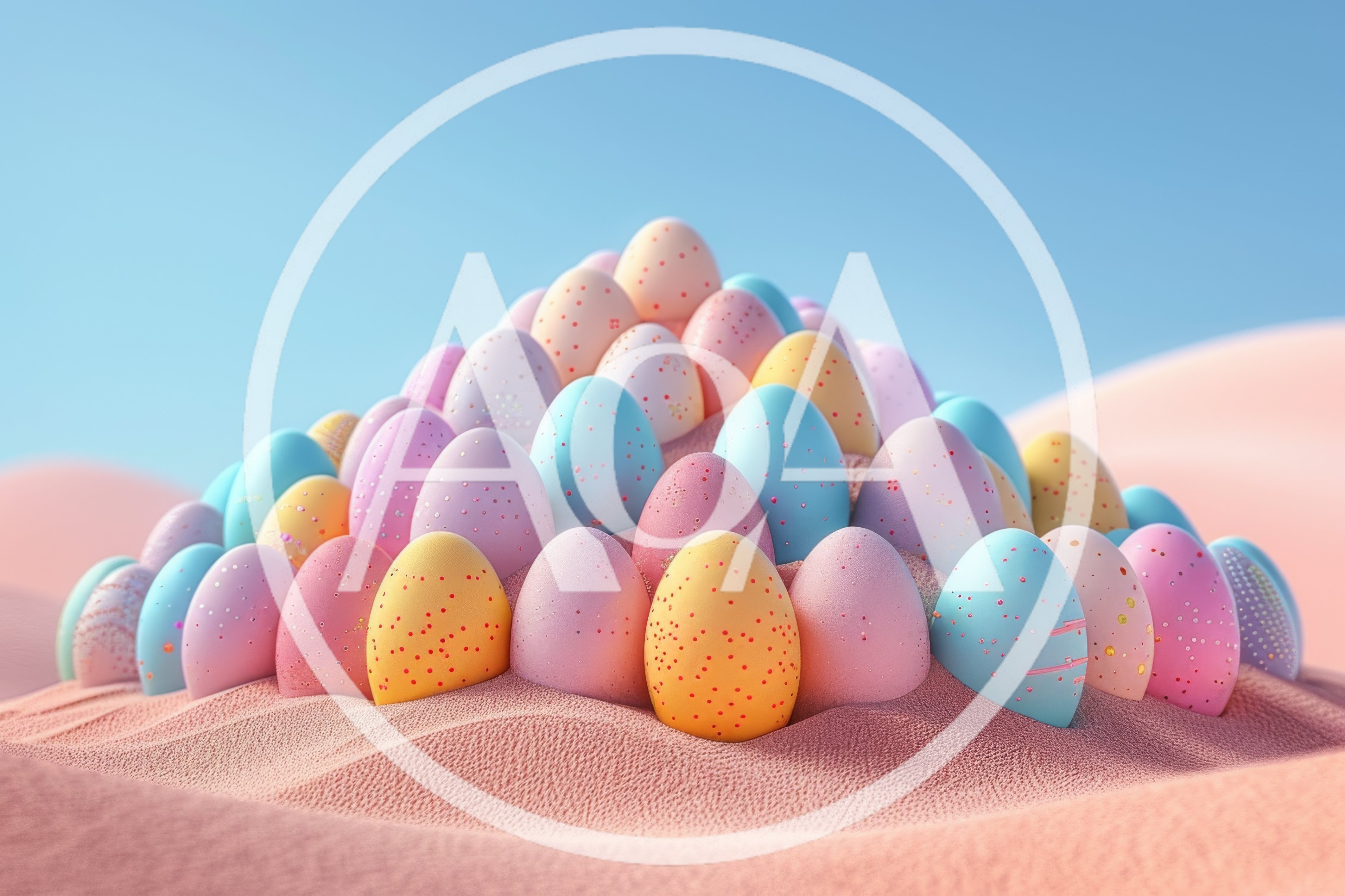 Pyramid Of Pastel Speckled Easter Eggs On Sand