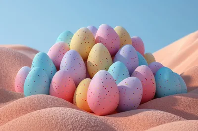Pastel Speckled Easter Eggs on Textured Sand