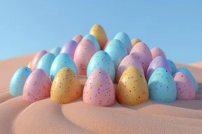 Pastel Speckled Easter Eggs On Sandy Dunes