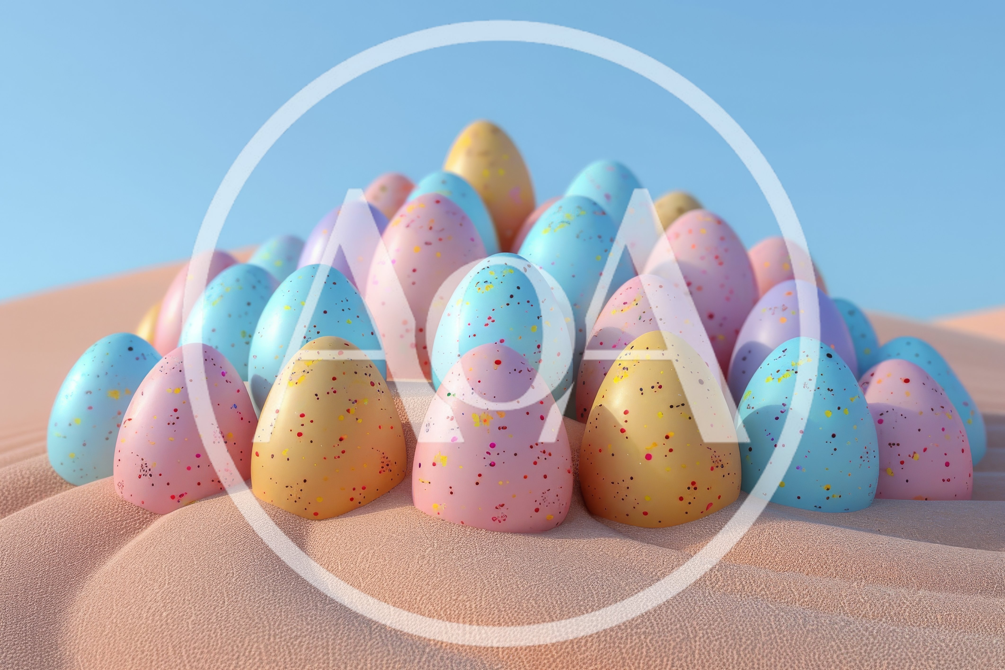 Pastel Speckled Easter Eggs On Sandy Dunes