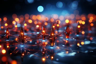 Abstract Digital Network Nodes With Glowing Orange Lights