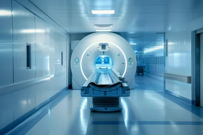 Modern Medical MRI Scanner In Hospital Corridor