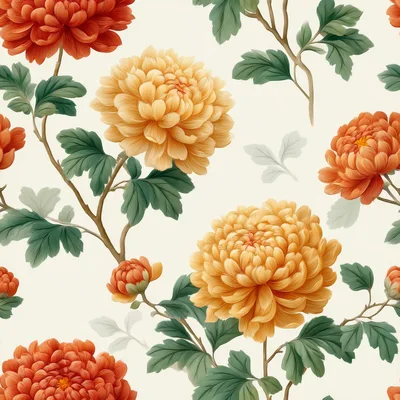 Seamless Pattern Of Orange And Yellow Chrysanthemum Flowers