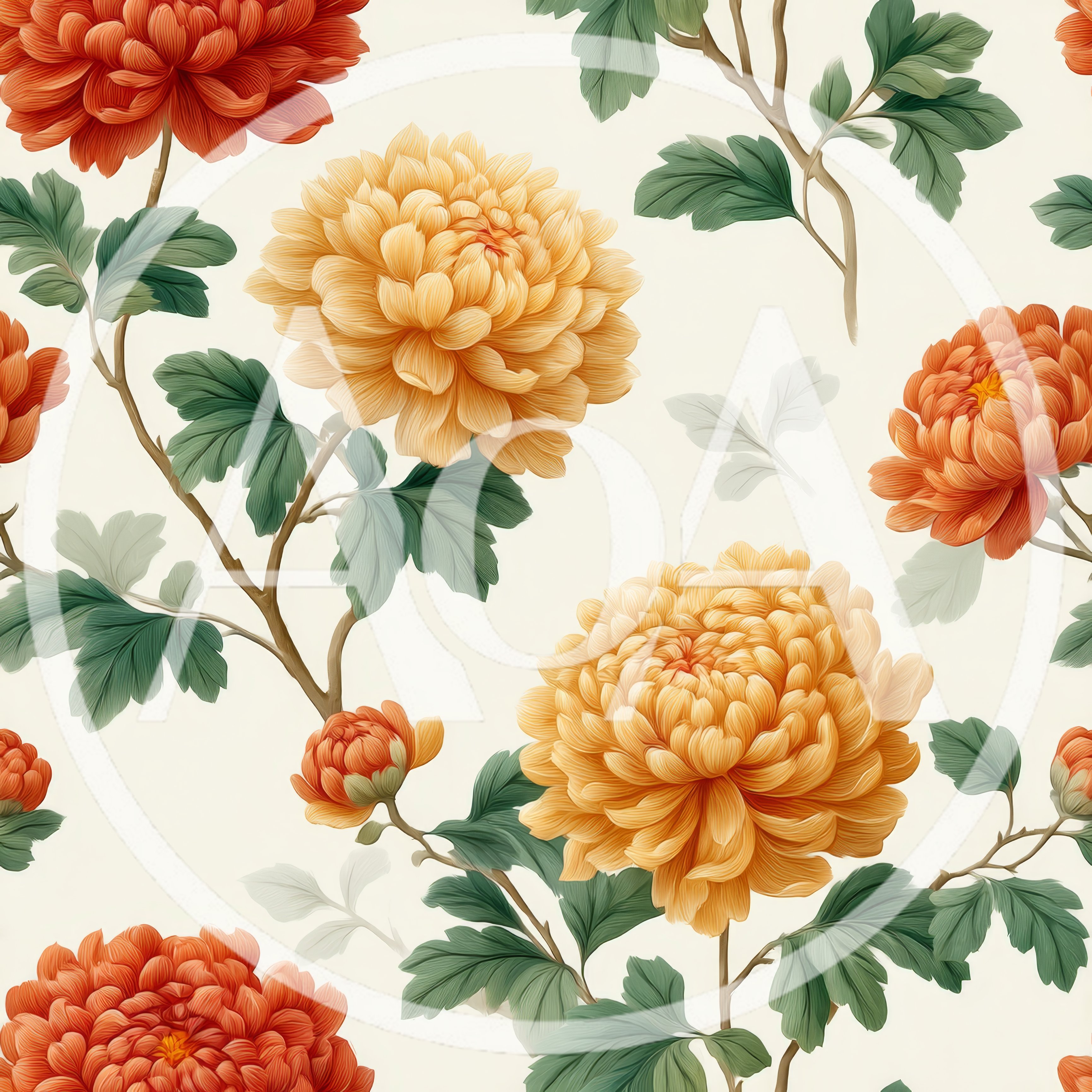 Seamless Pattern Of Orange And Yellow Chrysanthemum Flowers