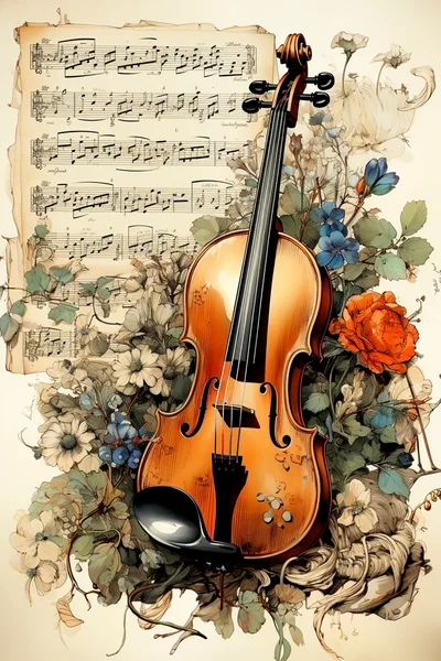 Violin Resting Among Floral Arrangements and Sheet Music