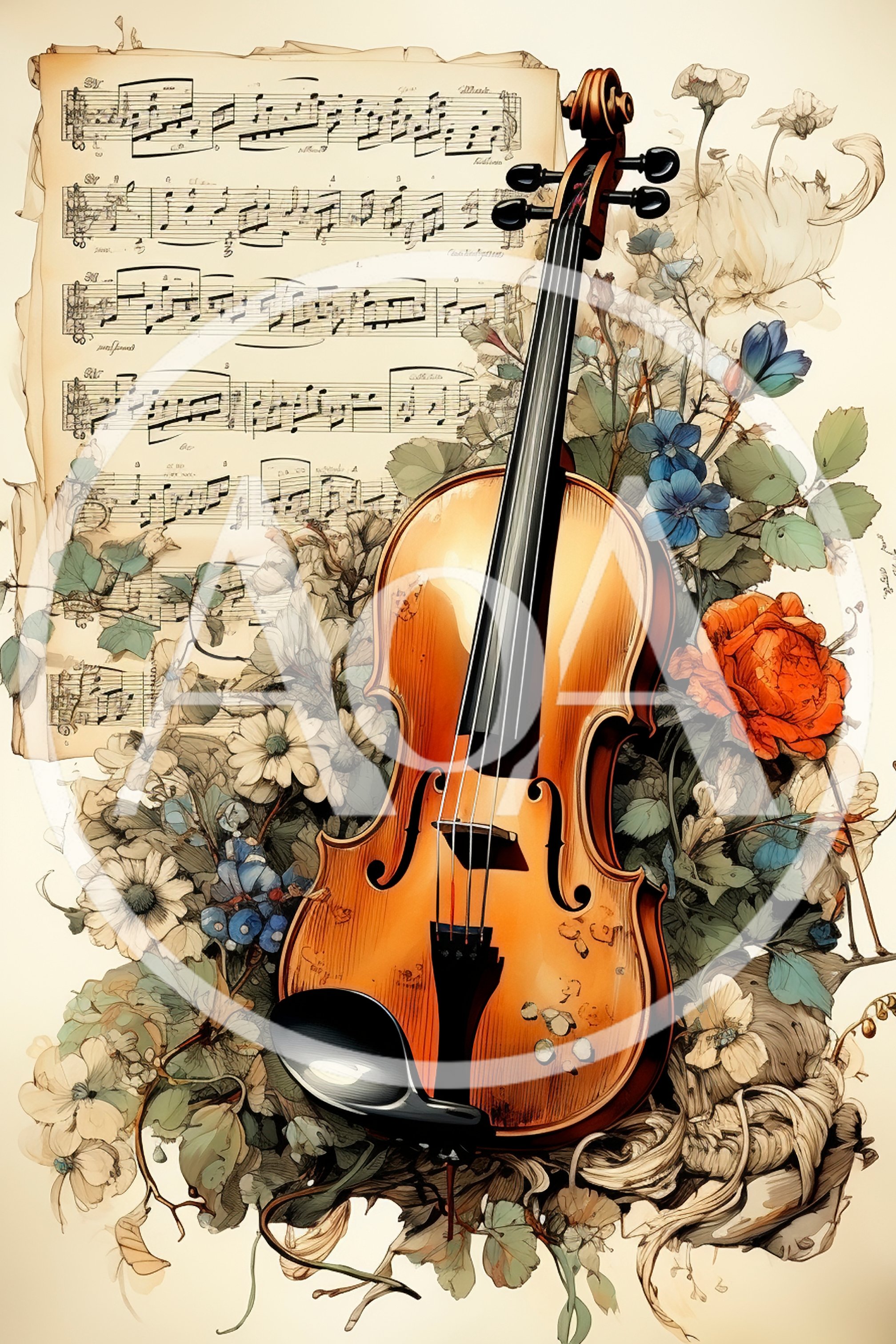 Violin Resting Among Floral Arrangements and Sheet Music