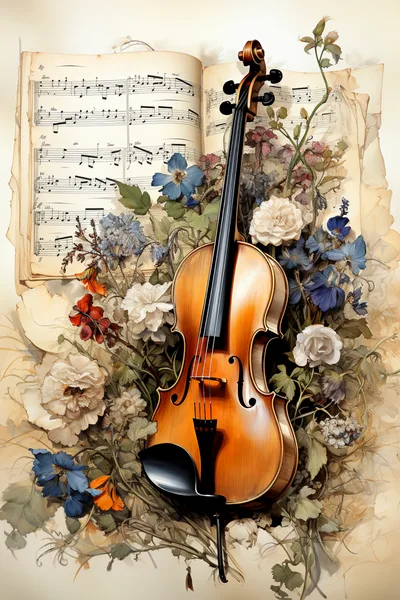 Violin Resting On Vintage Sheet Music With Floral Arrangement