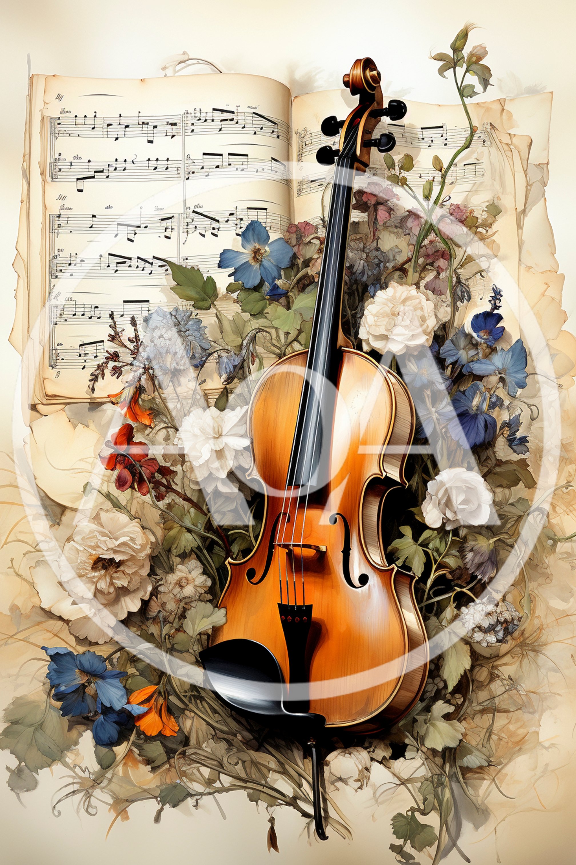 Violin Resting On Vintage Sheet Music With Floral Arrangement