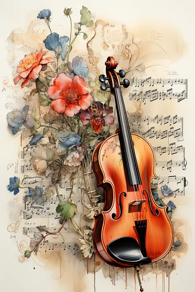 Violin With Floral Arrangement And Musical Sheet Music