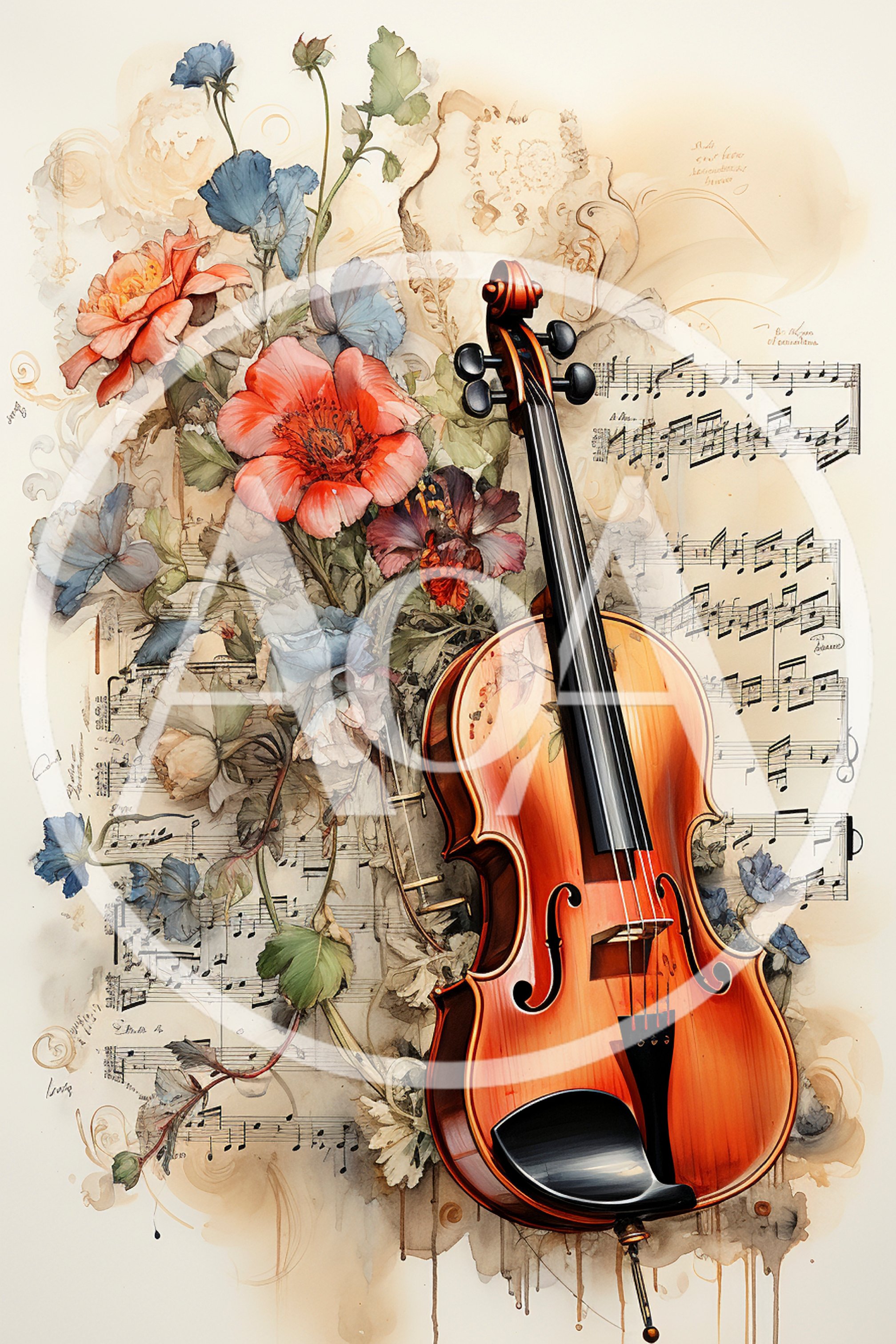 Violin With Floral Arrangement And Musical Sheet Music