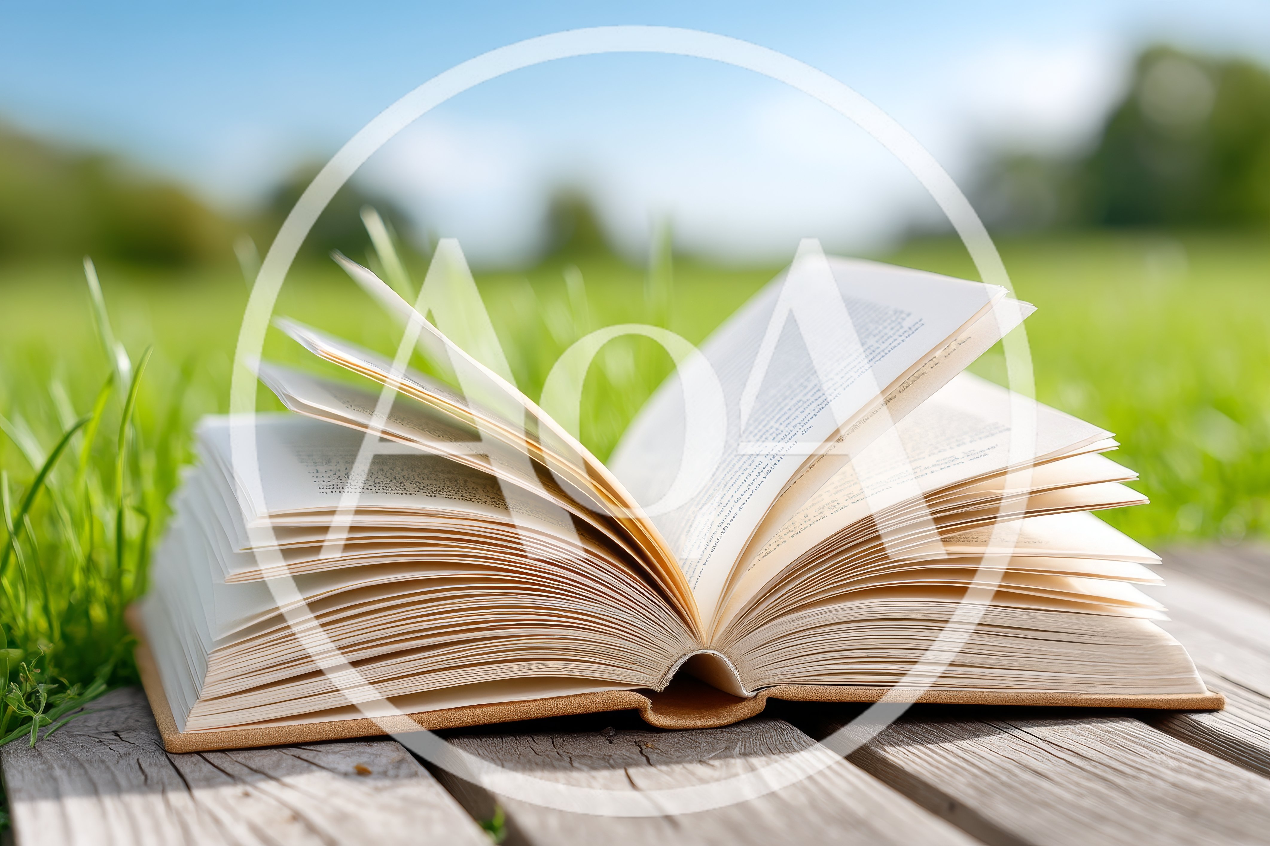 Open Book Resting On Wooden Deck In Grassy Field