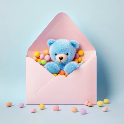 Blue Teddy Bear Inside Pink Envelope With Colorful Candies