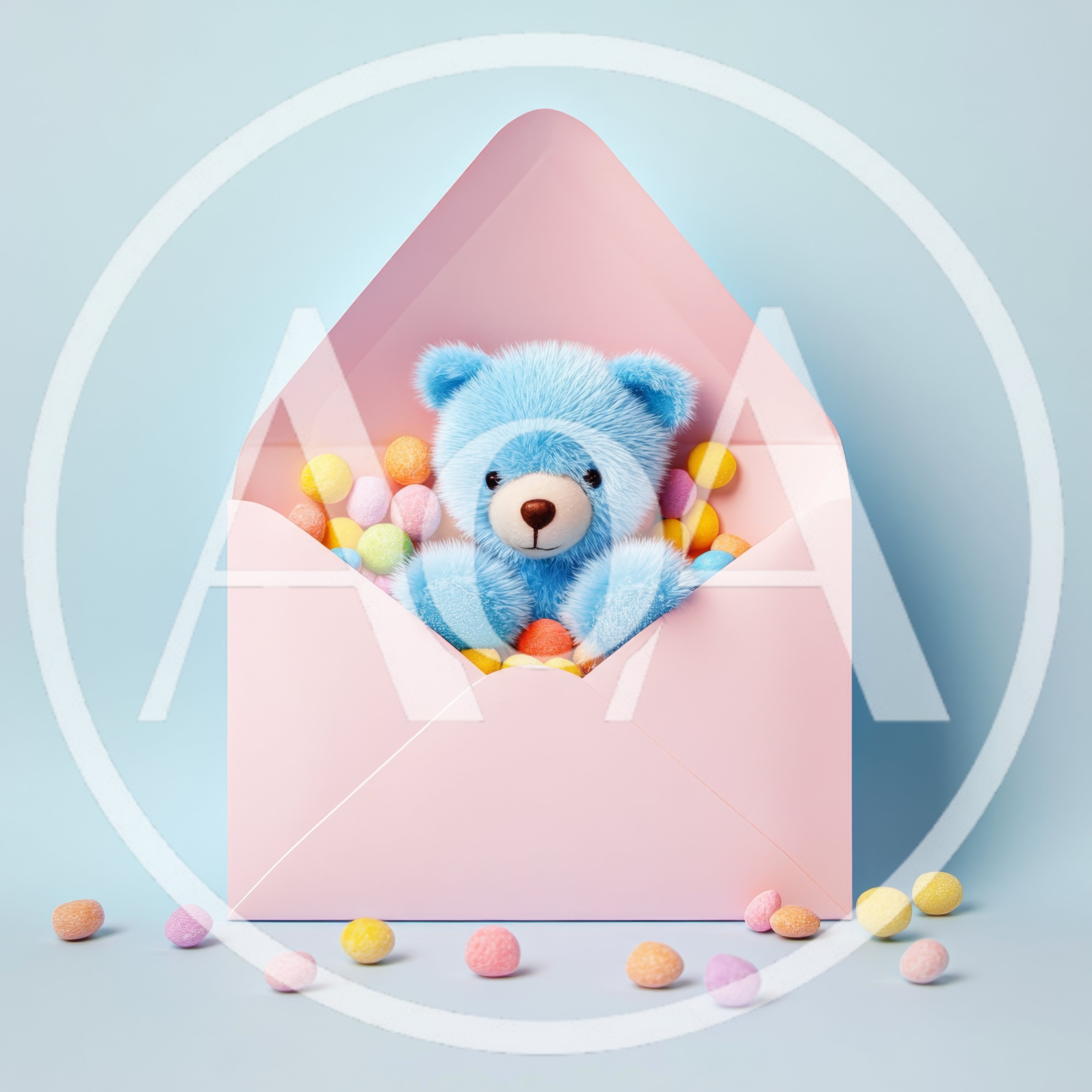 Blue Teddy Bear Inside Pink Envelope With Colorful Candies