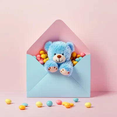 Blue Teddy Bear Inside Pastel Envelope With Candy