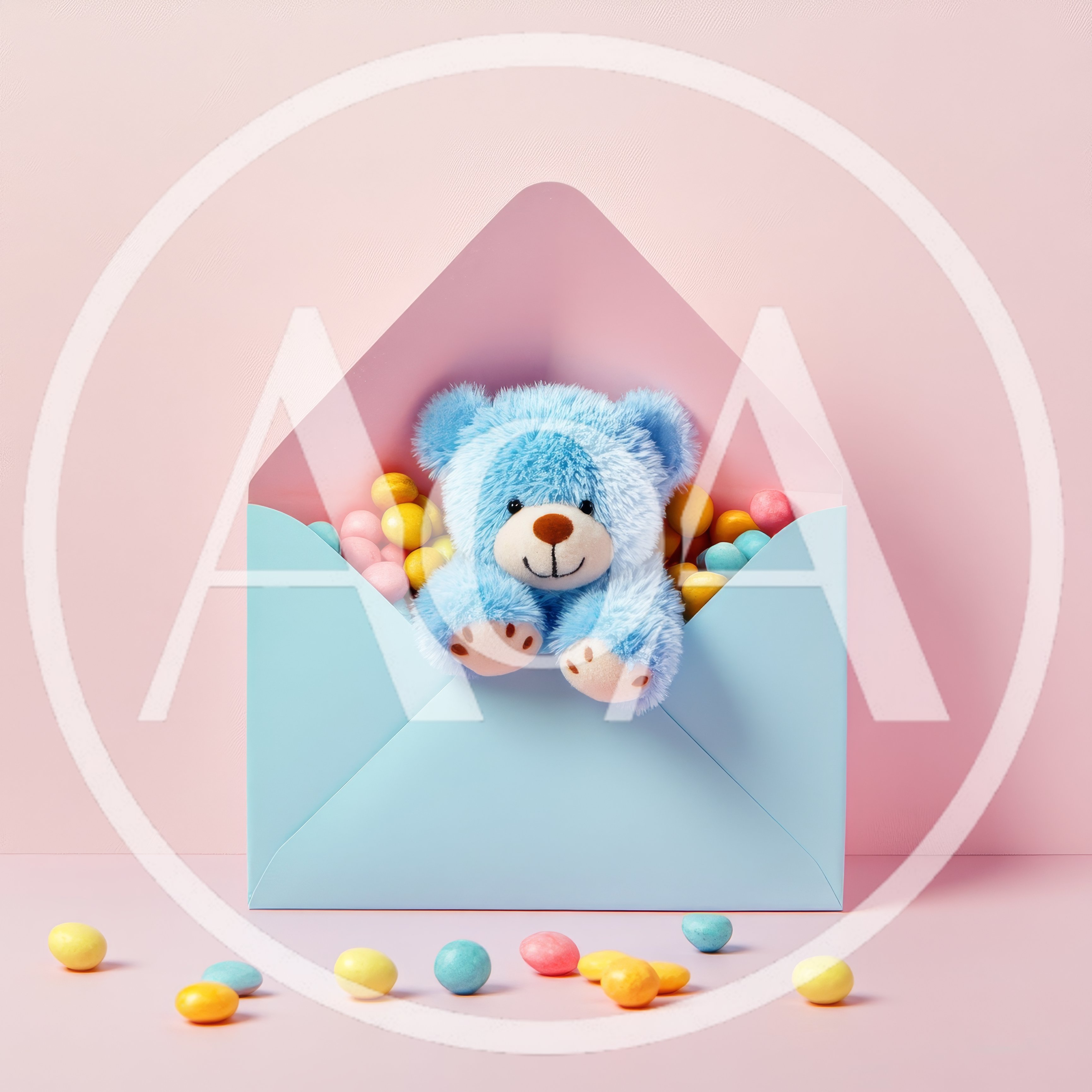 Blue Teddy Bear Inside Pastel Envelope With Candy