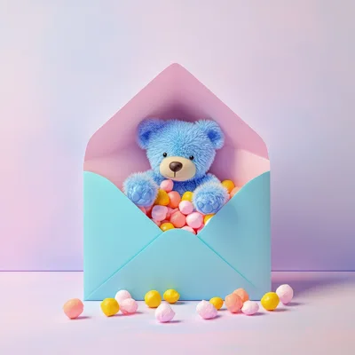 Blue Teddy Bear Inside A Pastel Envelope