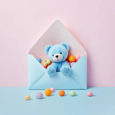 Blue Teddy Bear Inside A Pastel Envelope With Candy