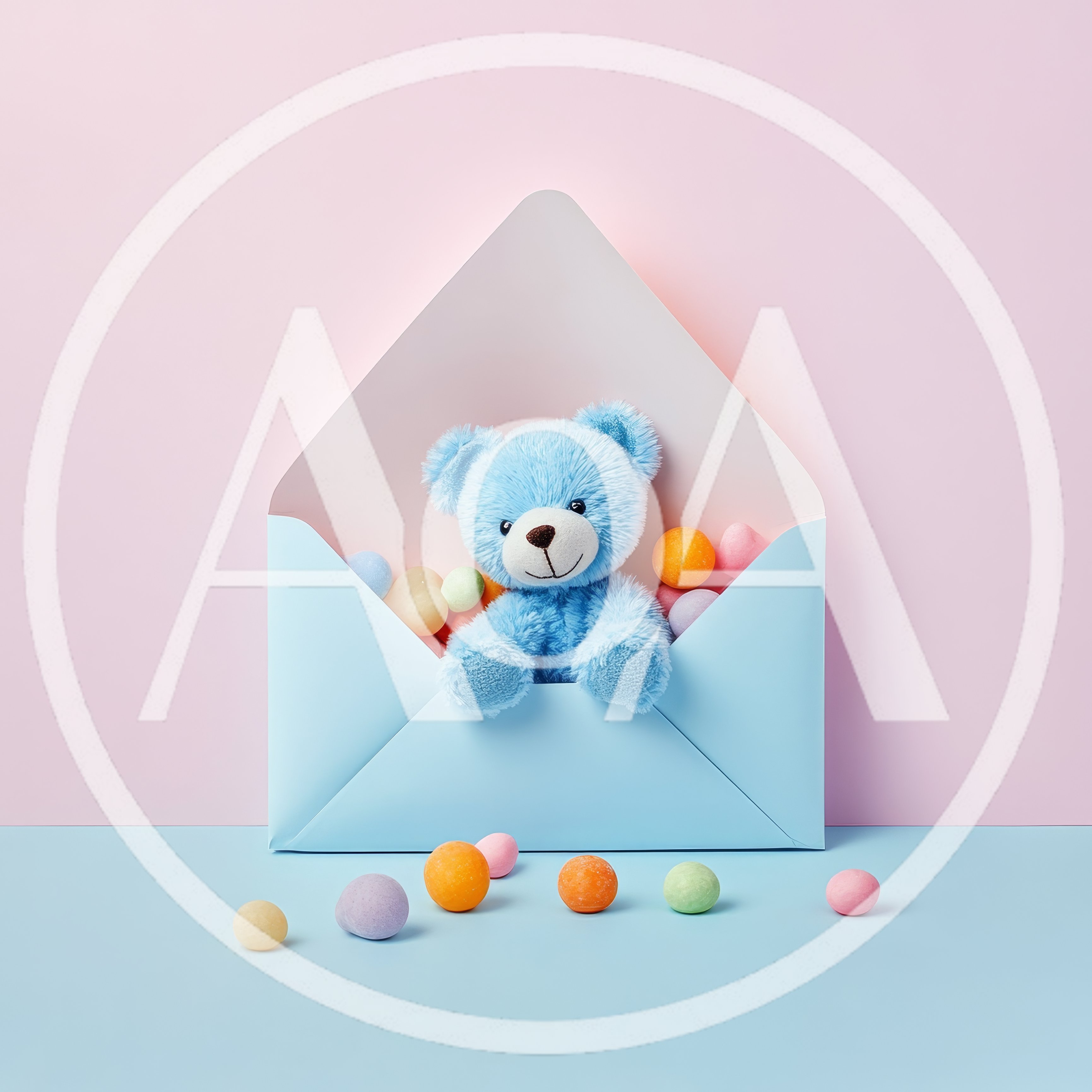 Blue Teddy Bear Inside A Pastel Envelope With Candy