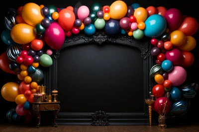 Ornate Black Frame Decorated With Colorful Balloon Garland