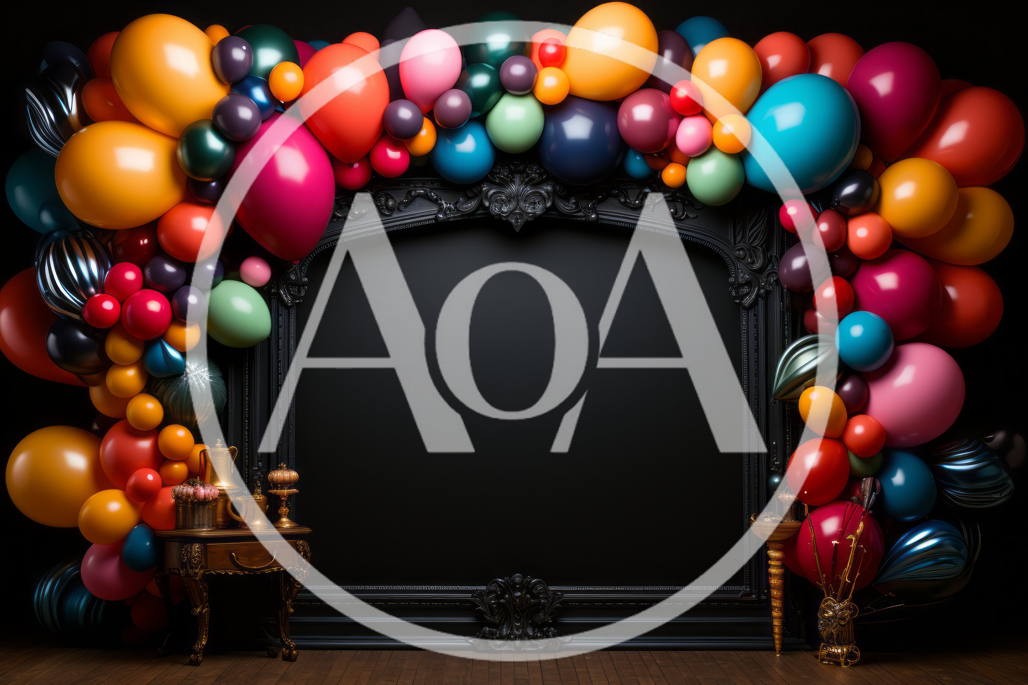 Ornate Black Frame Decorated With Colorful Balloon Garland
