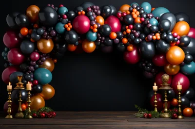Festive Balloon Arch With Candles And Holiday Decor