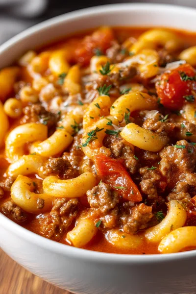 Hearty Beef and Macaroni Tomato Soup in White Bowl