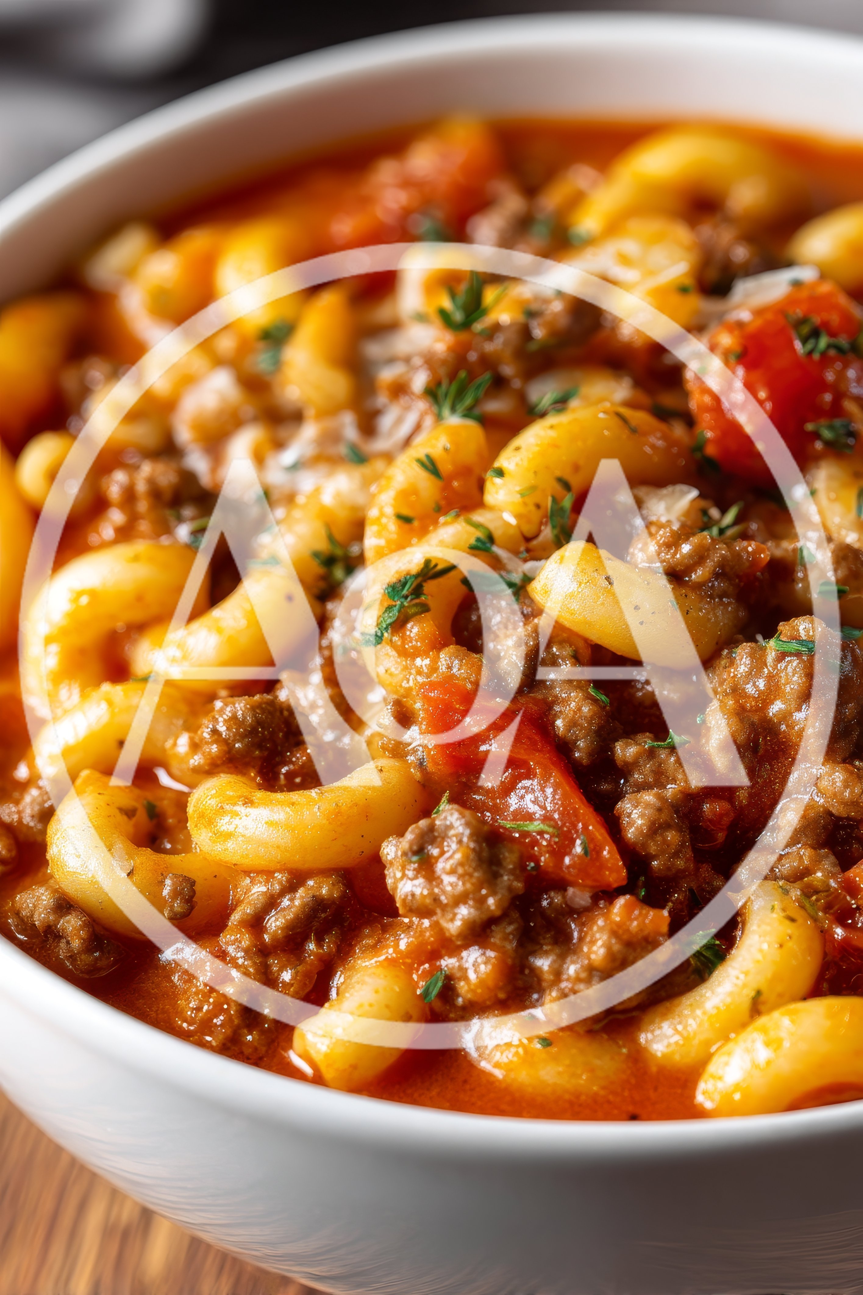 Hearty Beef and Macaroni Tomato Soup in White Bowl