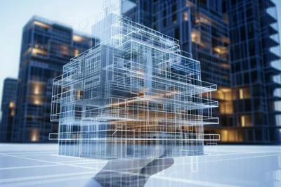 Architect Holding Digital Wireframe Model Of Modern Building