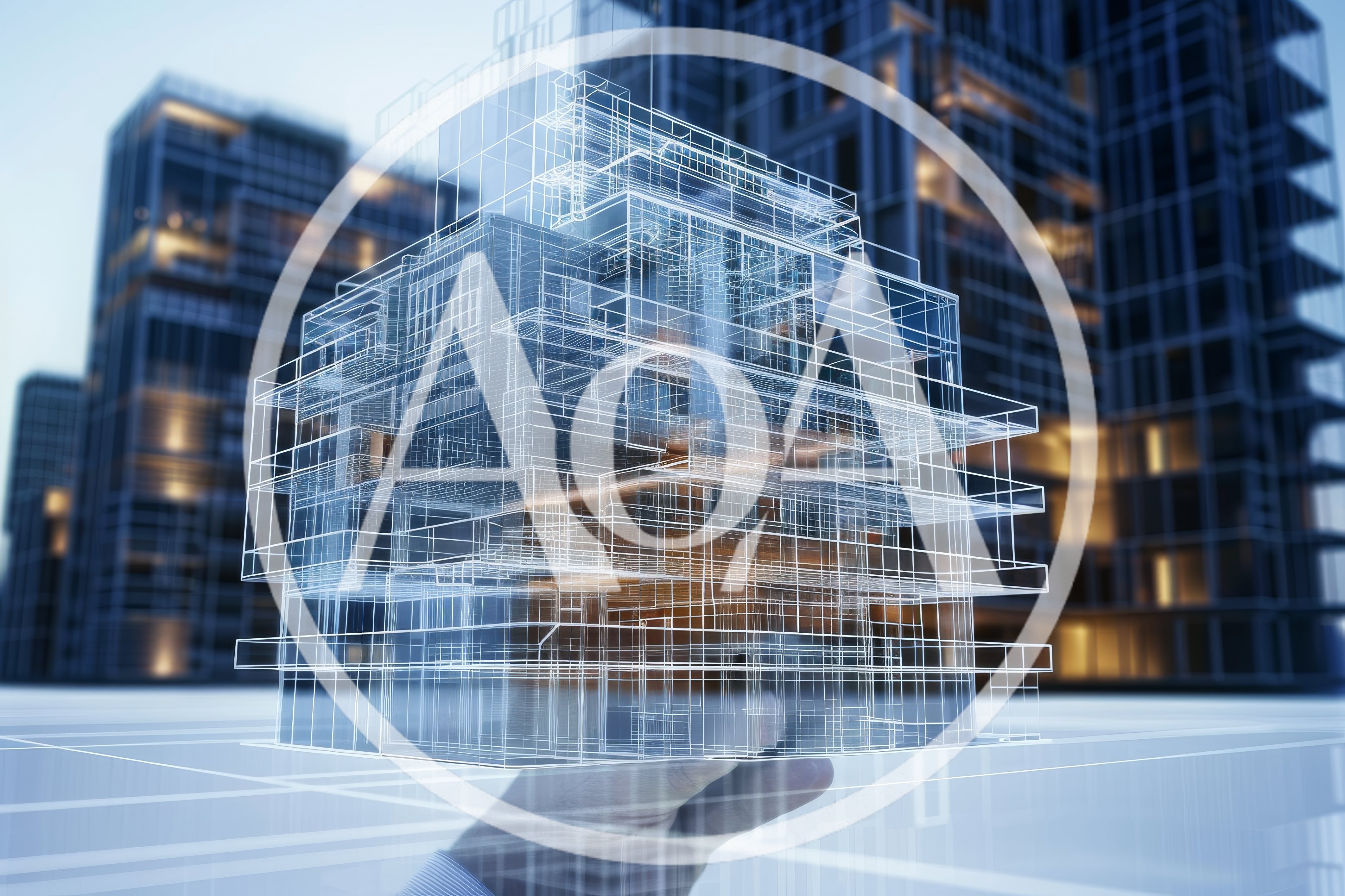 Architect Holding Digital Wireframe Model Of Modern Building