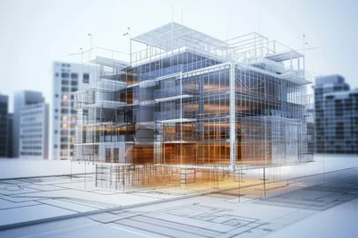 Architectural Blueprint Overlay Of A Modern Glass Building