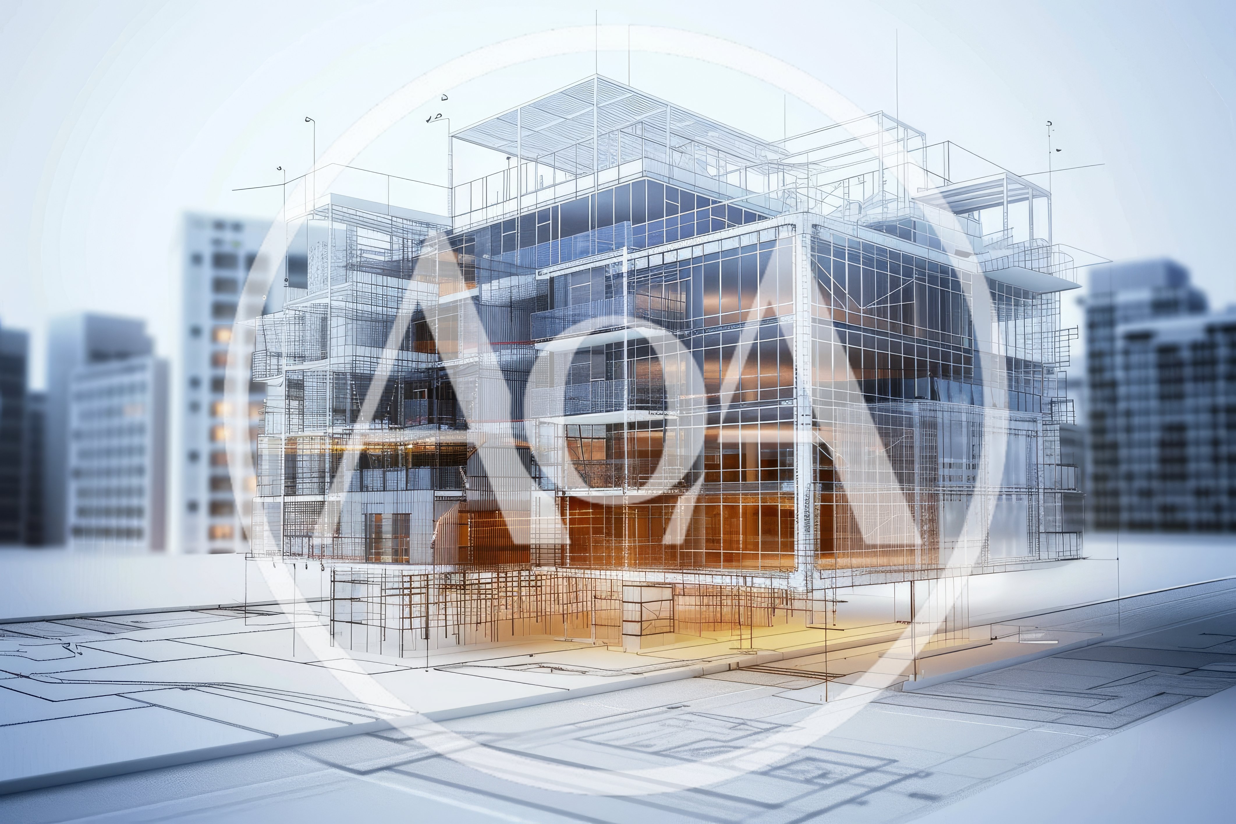 Architectural Blueprint Overlay Of A Modern Glass Building