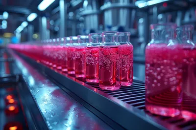 Glass Vials Filled With Pink Liquid On Conveyor Belt