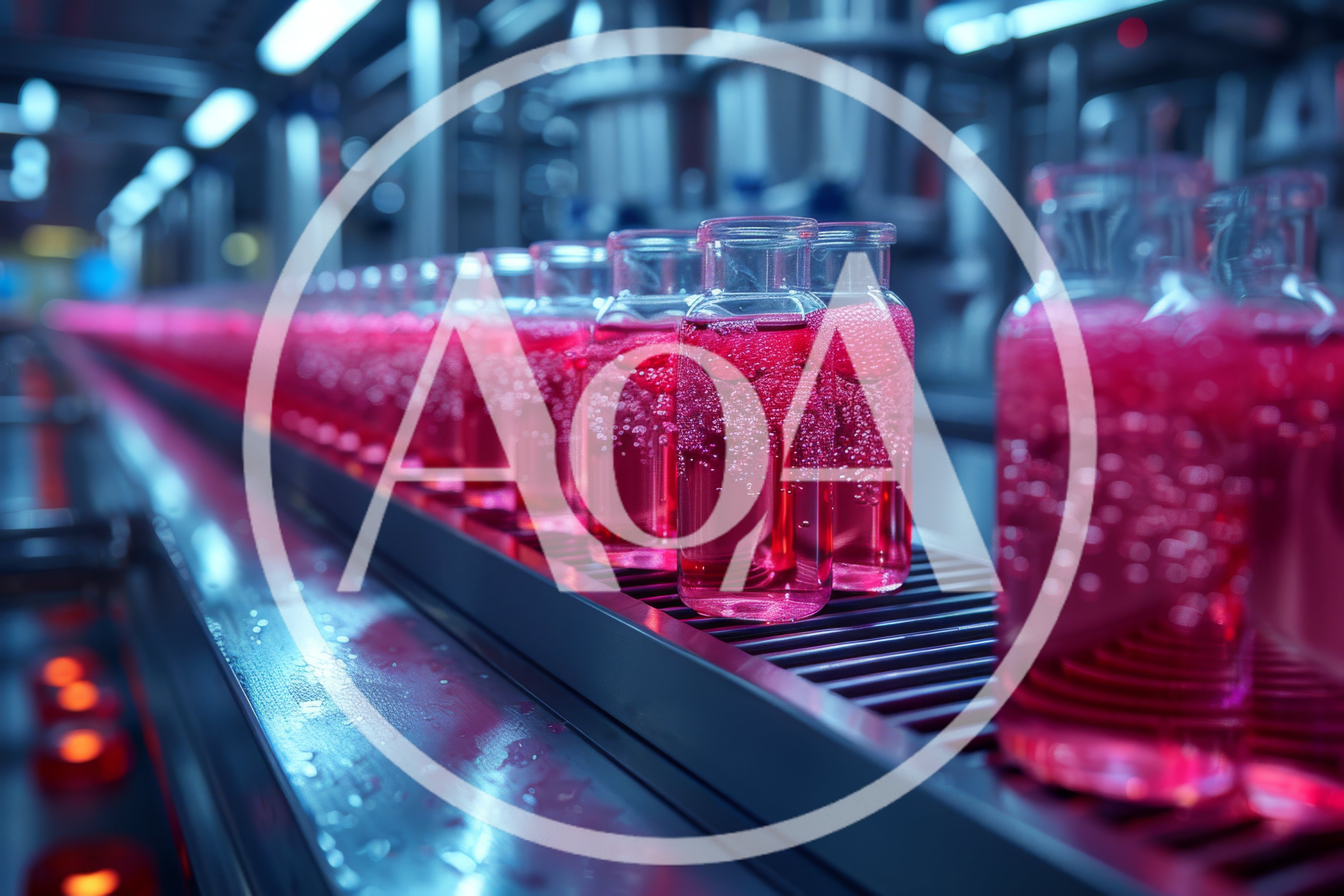 Glass Vials Filled With Pink Liquid On Conveyor Belt