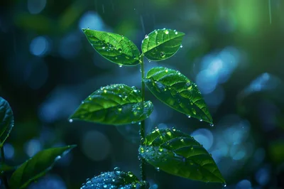 Raindrops Falling On Green Plant Leaves In Nature