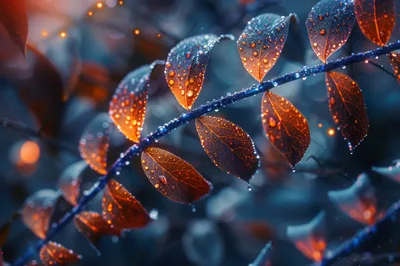 Dew Covered Autumn Leaves On A Branch