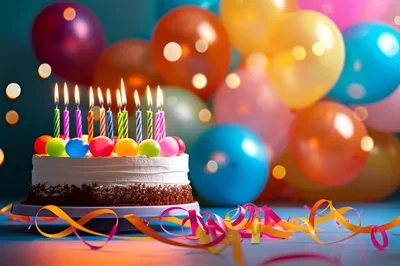 Birthday Cake With Lit Candles And Colorful Balloons