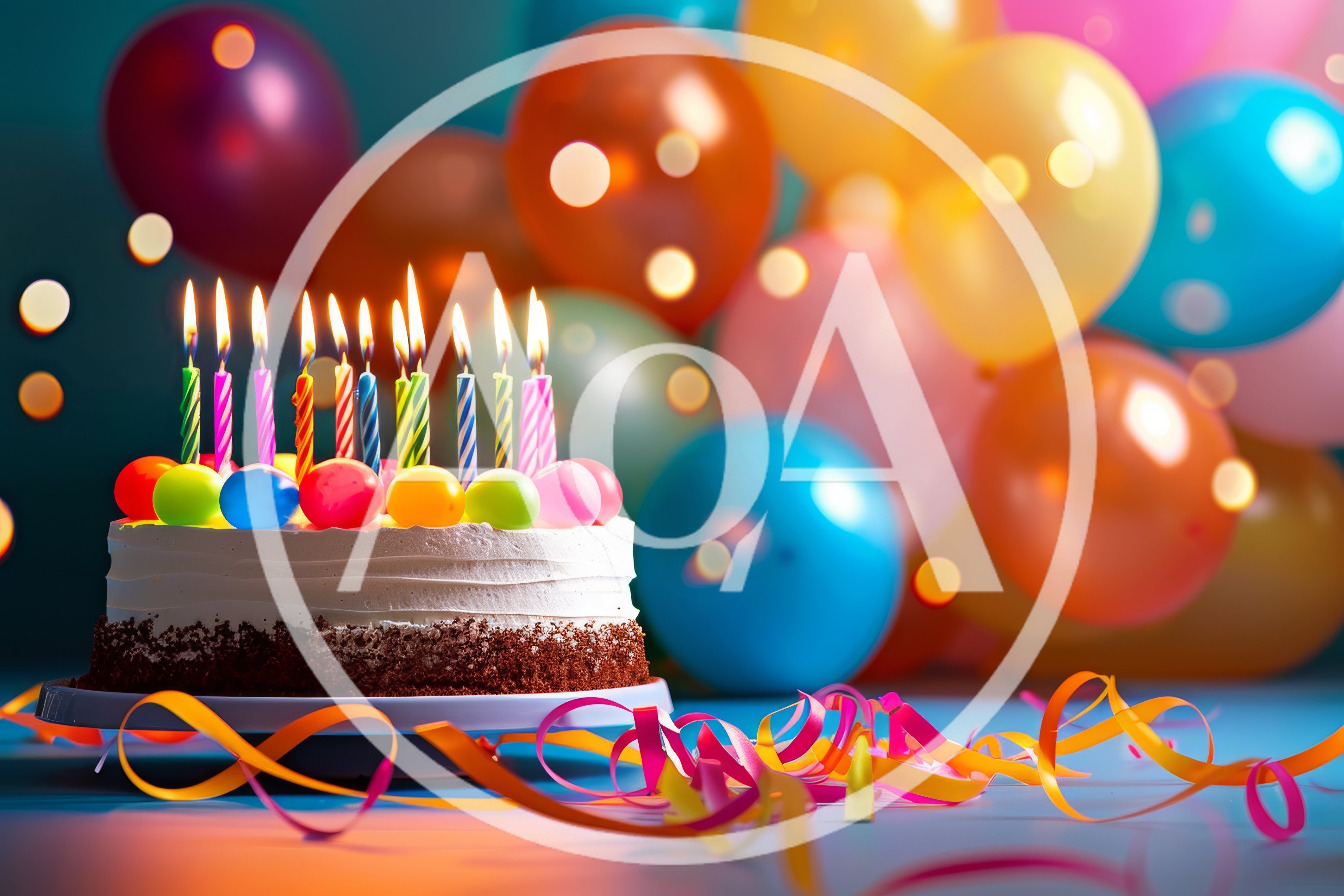 Birthday Cake With Lit Candles And Colorful Balloons