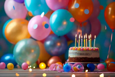 Birthday Cake With Lit Candles And Colorful Balloons