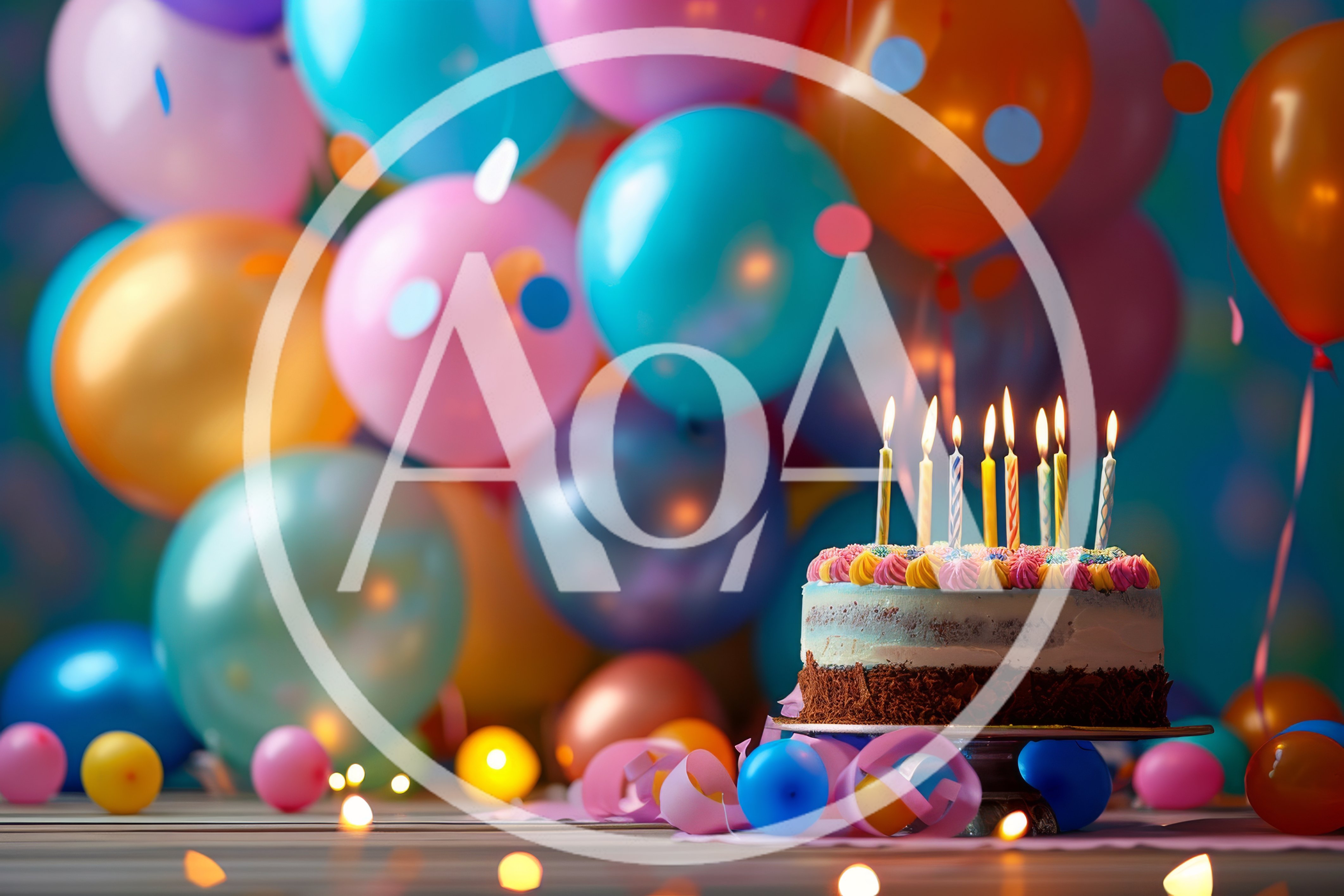 Birthday Cake With Lit Candles And Colorful Balloons