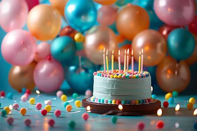Birthday Cake With Lit Candles And Colorful Balloons