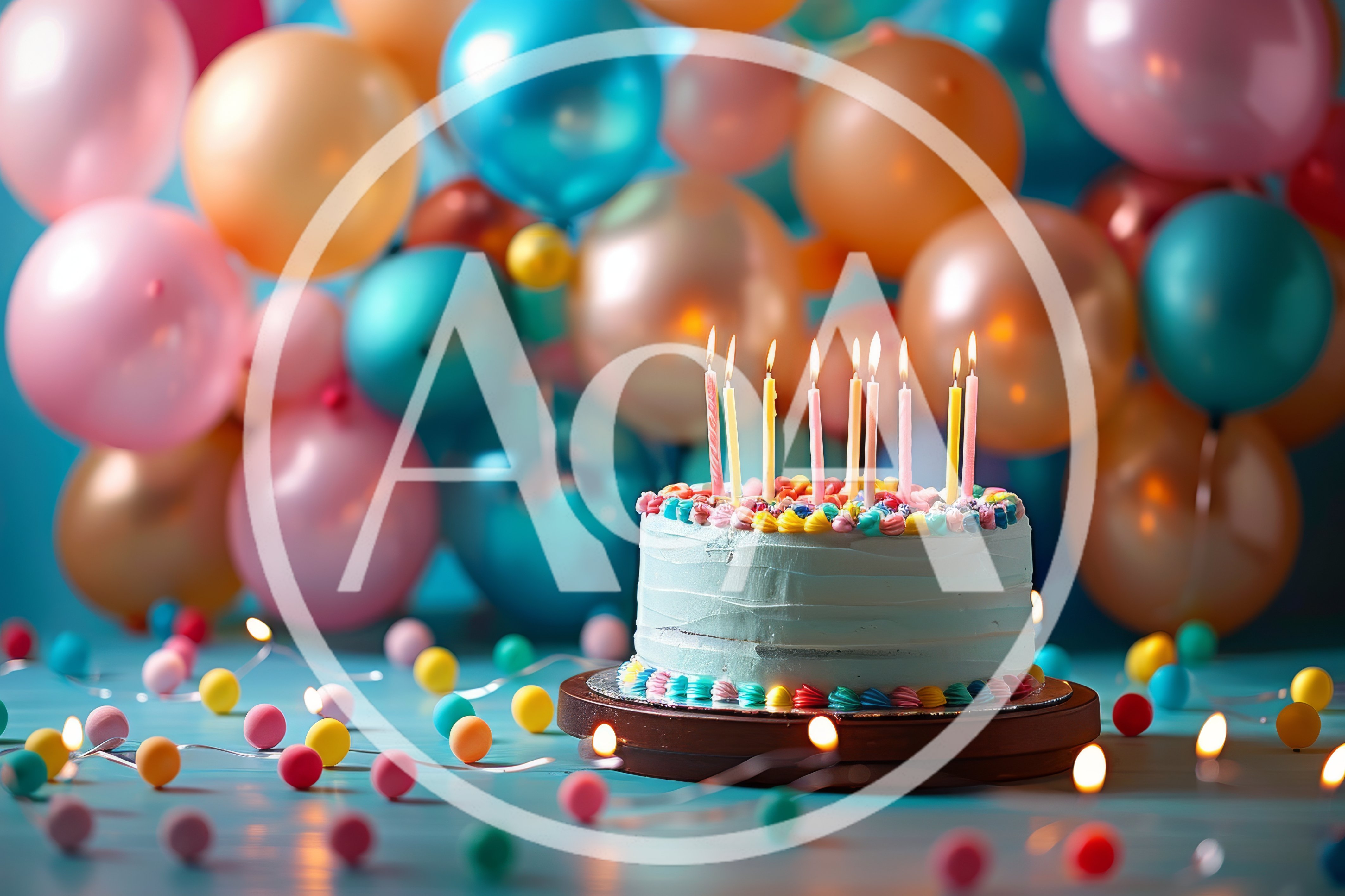 Birthday Cake With Lit Candles And Colorful Balloons