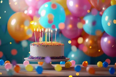 Birthday Cake With Lit Candles And Colorful Balloons