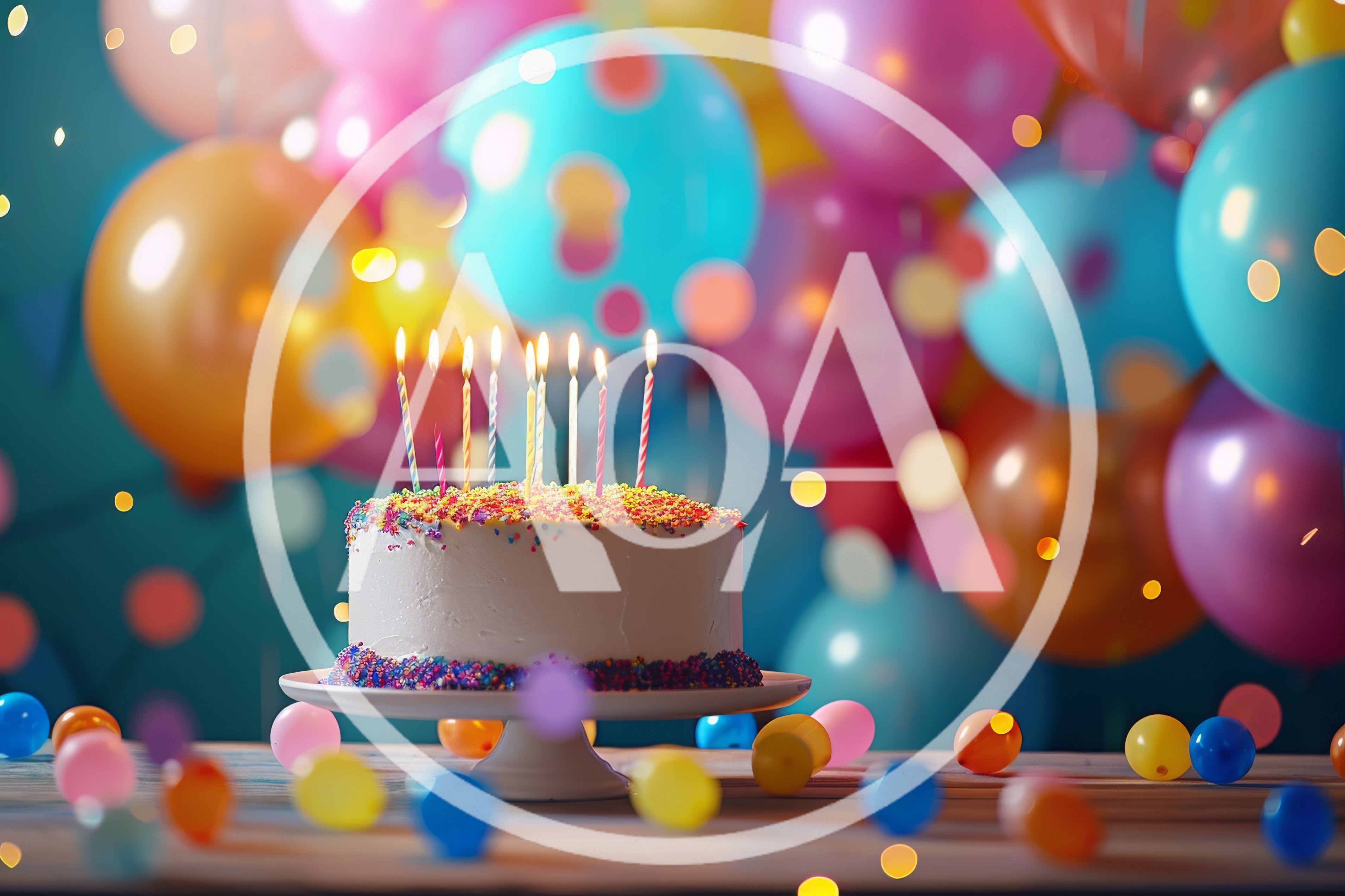 Birthday Cake With Lit Candles And Colorful Balloons