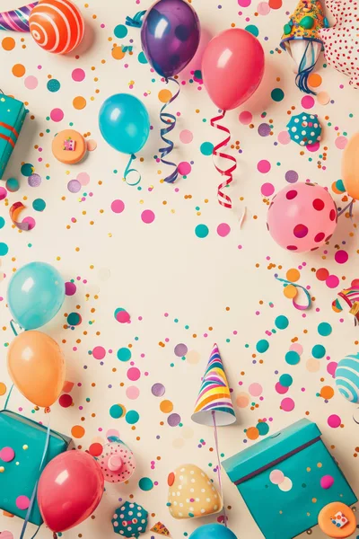 Birthday Celebration Flat Lay With Balloons And Confetti