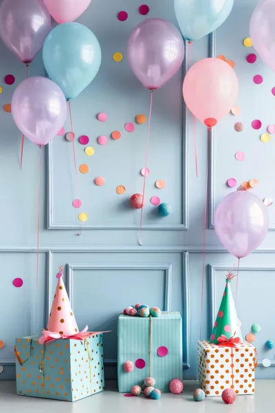 Birthday Celebration Setup With Balloons And Gifts