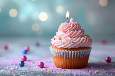 Single Birthday Cupcake With Lit Candle And Sprinkles
