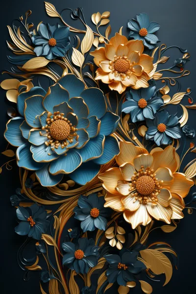 Elegant Blue And Gold Floral Art Composition