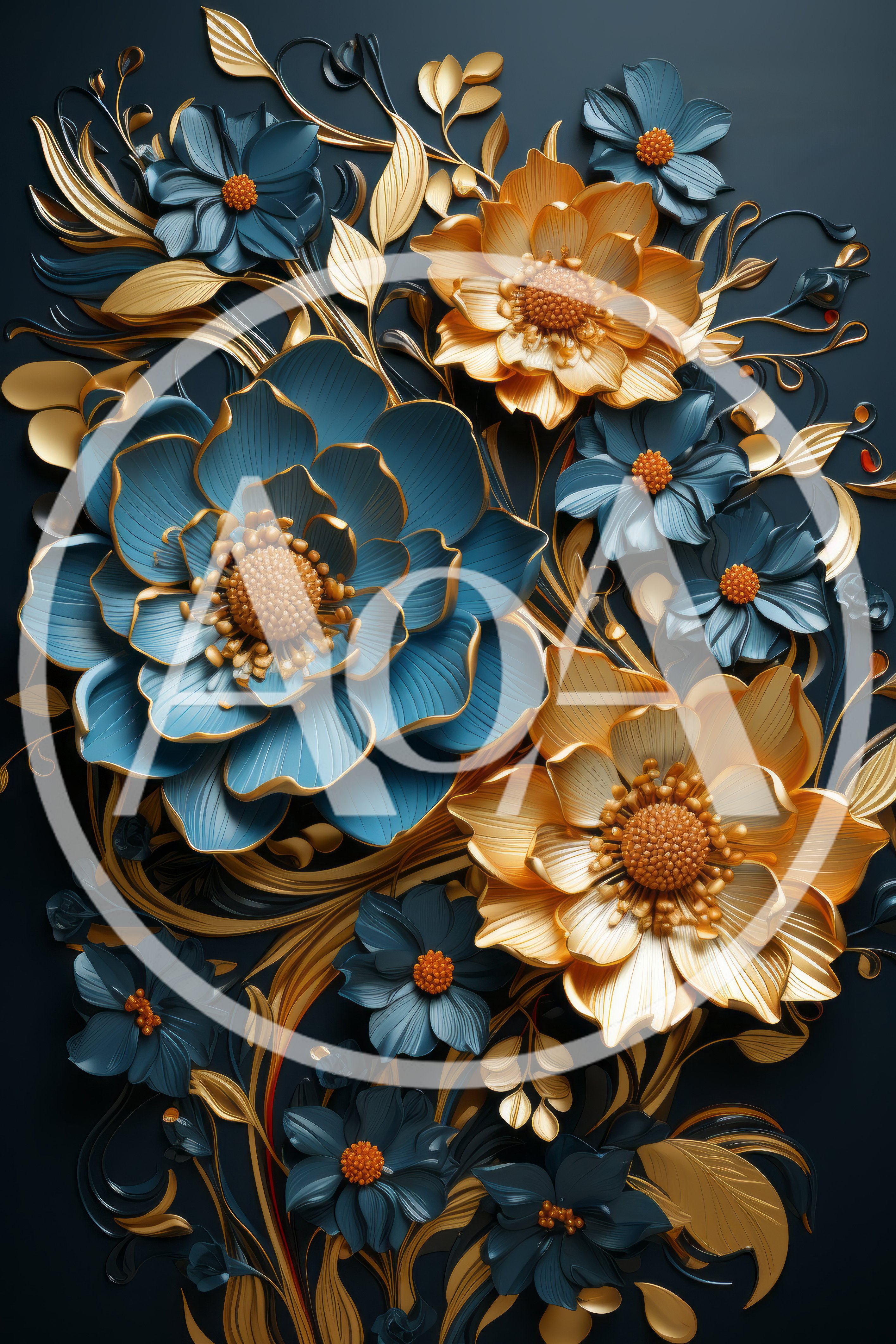 Elegant Blue And Gold Floral Art Composition