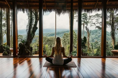 Woman Meditating In A Tropical Jungle Yoga Studio
